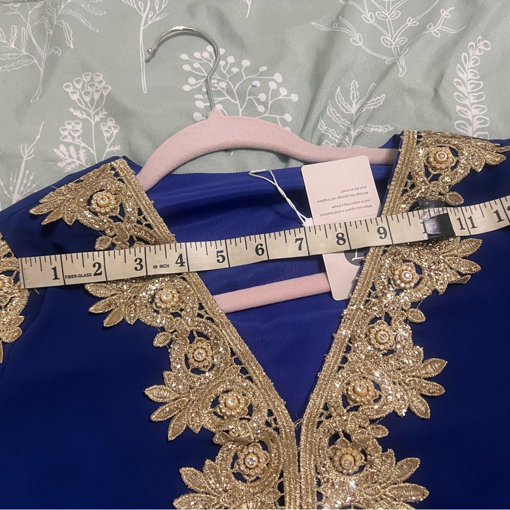 Elegant Blue and Gold Women's Dress - Picture 12 of 14